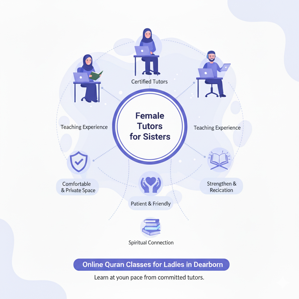 Female Quran teachers in Dearborn providing online Quran classes for ladies in a comfortable and private learning environment.