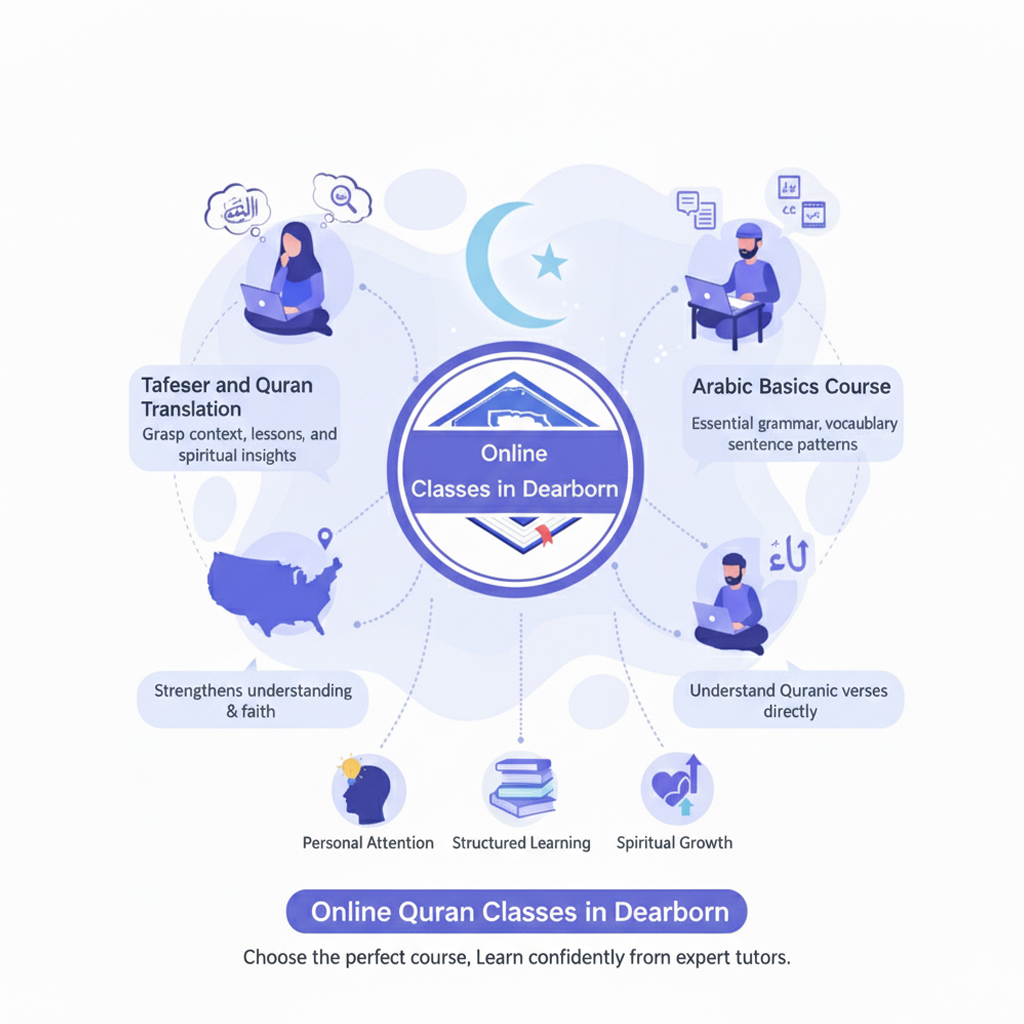 Tafseer and Quran Translation classes in Dearborn with expert online tutors helping students understand Quranic meanings and Arabic basics.